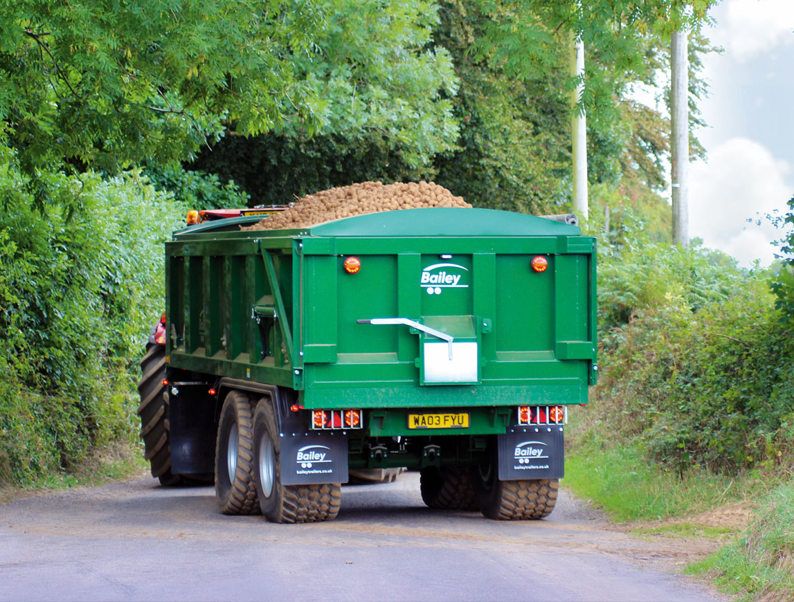 rear view of a bailey trailer carrying root crops